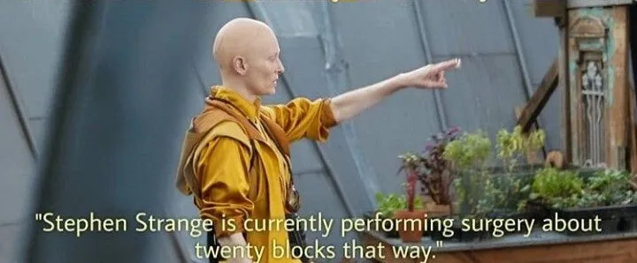 She points across the rooftops: “Stephen Strange is currently performing surgery about twenty blocks that way.”